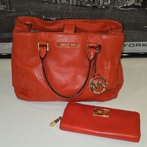 Michael Kors Orange-Red Pebbled Leather Tote with Matching Wallet
